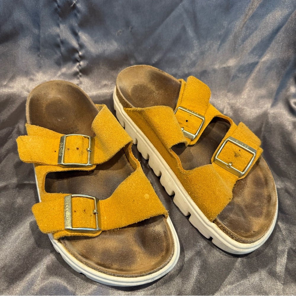 Papillio Suede Double-Buckle Sandals in Mustard